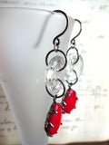 Vintage Glass Button Earrings, Red Glass Teardrop Beads, Clear Glass Buttons, Handmade Oxidized Square Silver Ear Wires, CGE135