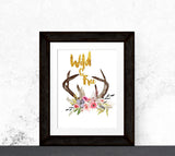 Printable Wall Art Wild And Free Floral Deer Antlers, INSTANT DOWNLOAD Printable wall art, Flowers and Antlers, Gold Foil Look, glitter text