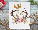 Printable Wall Art Wild And Free Floral Deer Antlers, INSTANT DOWNLOAD Printable wall art, Flowers and Antlers, Gold Foil Look, glitter text