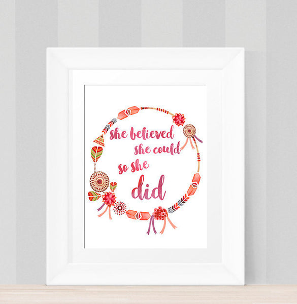 She Believed She Could So She Did, INSTANT DOWNLOAD Printable wall art, BoHo Nursery Art, Tribal Art feather arrow print Watercolour