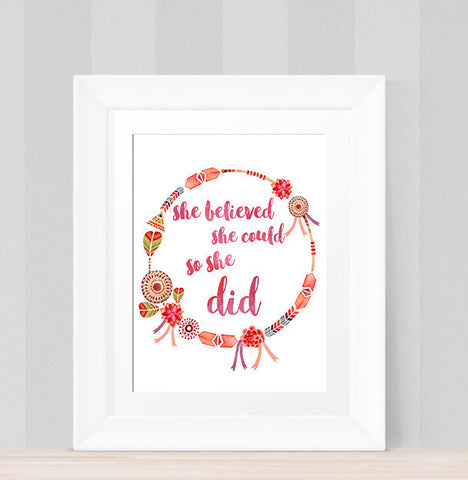 She Believed She Could So She Did, INSTANT DOWNLOAD Printable wall art, BoHo Nursery Art, Tribal Art feather arrow print Watercolour