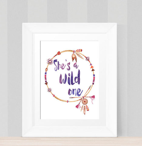 Printable wall art She's A Wild One, BoHo Watercolor Print, INSTANT DOWNLOAD,  Tribal Art, feather, Arrow, Bohemian Watercolour print