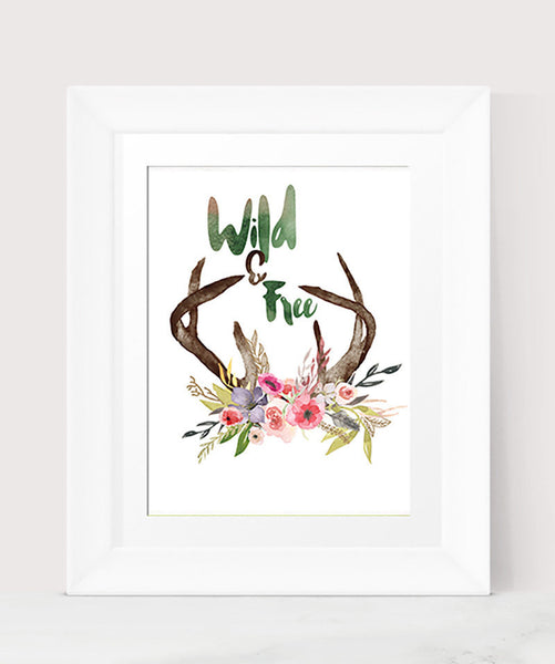 Wild And Free Print Deer Antler Printable Wall Art, Watercolor text INSTANT DOWNLOAD Printable wall art, Hipster Art, Watercolor BoHo Art