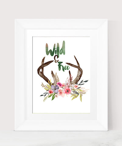 Wild And Free Print Deer Antler Printable Wall Art, Watercolor text INSTANT DOWNLOAD Printable wall art, Hipster Art, Watercolor BoHo Art