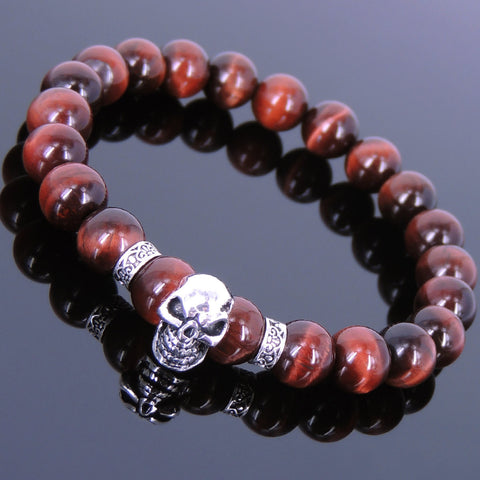 Men's Women Red Tiger Eye 925 Sterling Silver Skull Bracelet DiyNotion Handmade BR352E