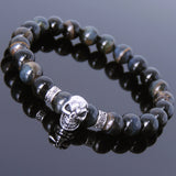 Men's Women Rare Mixed Blue Tiger Eye 925 Sterling Silver Skull Bracelet DiyNotion Handmade BR694E