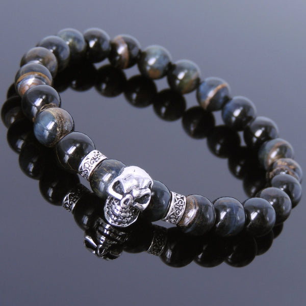 Men's Women Rare Mixed Blue Tiger Eye 925 Sterling Silver Skull Bracelet DiyNotion Handmade BR694E