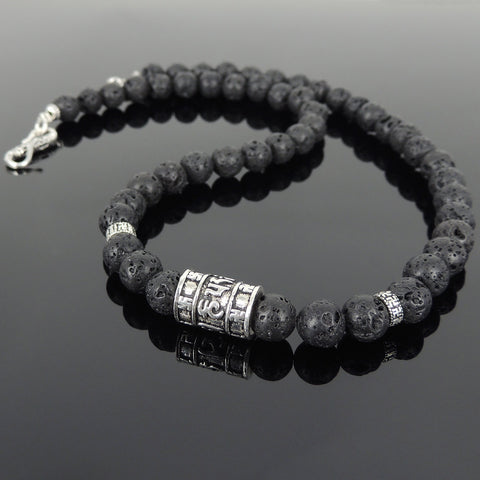 Men's Women Lava Rock Sterling Silver Buddhism Necklace OM Mantra DiyNoion Handmade NK100