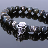 Men's Women Rare Mixed Blue Tiger Eye 925 Sterling Silver Skull Bracelet DiyNotion Handmade BR694E