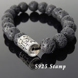 Men's Women Lava Rock Sterling Silver OM Bead Bracelet Buddhism DiyNotion Handmade BR697