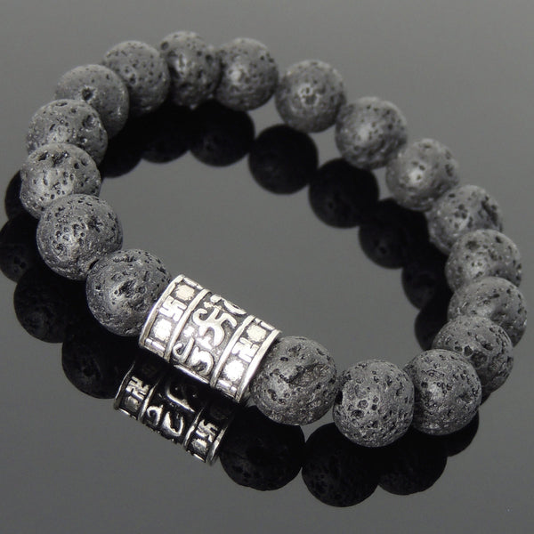 Men's Women Lava Rock Sterling Silver OM Bead Bracelet Buddhism DiyNotion Handmade BR697