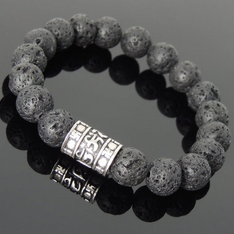 Men's Women Lava Rock Sterling Silver OM Bead Bracelet Buddhism DiyNotion Handmade BR697