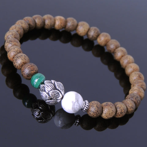 Men's Women Golden Agarwood Malachite White Howlite Bracelet 925 Sterling Silver Lotus Bead DiyNotion Handmade BR698