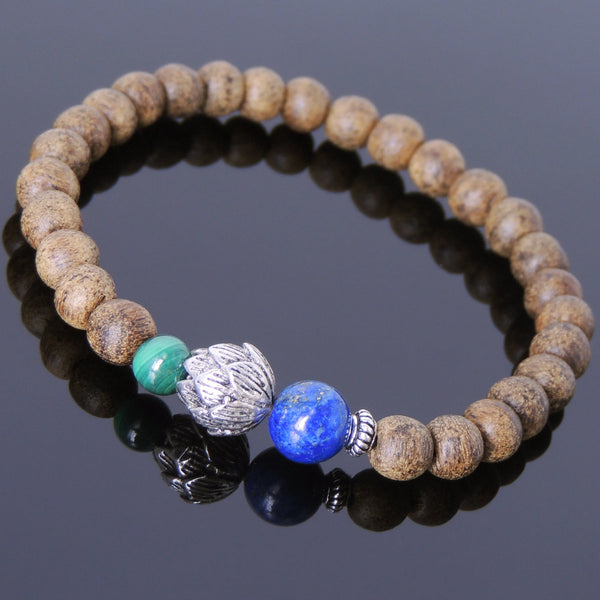 Men's Women Golden Agarwood Malachite Lapis Bracelet 925 Sterling Silver Lotus Bead DiyNotion Handmade BR699