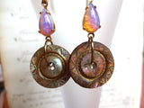 Vintage Button Earrings, Mother of Pearl MOP Buttons, Boho Earrings, Drop Dangle Earrings, Handmade Earrings, Rustic Earrings, MPE150