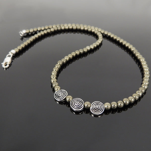 Men's Women Natural Pyrite Sterling Silver Necklace Gemstone 925 Beads Clasp DiyNoion Handmade NK106