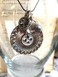 Vintage Carved Mother of Pearl Button Charm Necklace, Vintage Leaf Charm Silver Charm, Clear Glass Button, 22" Sterling Silver Chain, MCN139