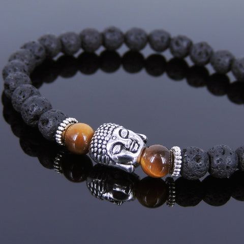 Lava Rock Tiger Eye Tibetan Silver Bracelet Sakyamuni  Buddha Yoga Mala for Men Women DiyNotion Handmade T118