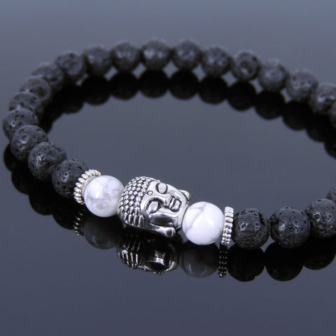 Lava Rock White Howlite Tibetan Silver Bracelet Buddha Yoga Mala for Men Women DiyNotion Handmade T124