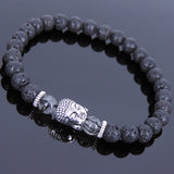 Lava Rock Black Rutilated Quartz Tibetan Silver Bracelet Buddha Yoga Mala for Men Women DiyNotion Handmade T127