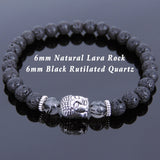 Lava Rock Black Rutilated Quartz Tibetan Silver Bracelet Buddha Yoga Mala for Men Women DiyNotion Handmade T127