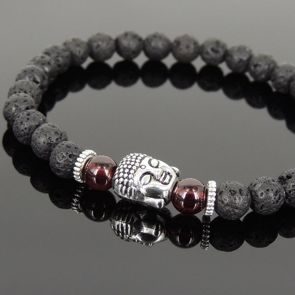 Lava Rock Garnet Tibetan Silver Bracelet Buddha Yoga Mala for Men Women DiyNotion Handmade T130