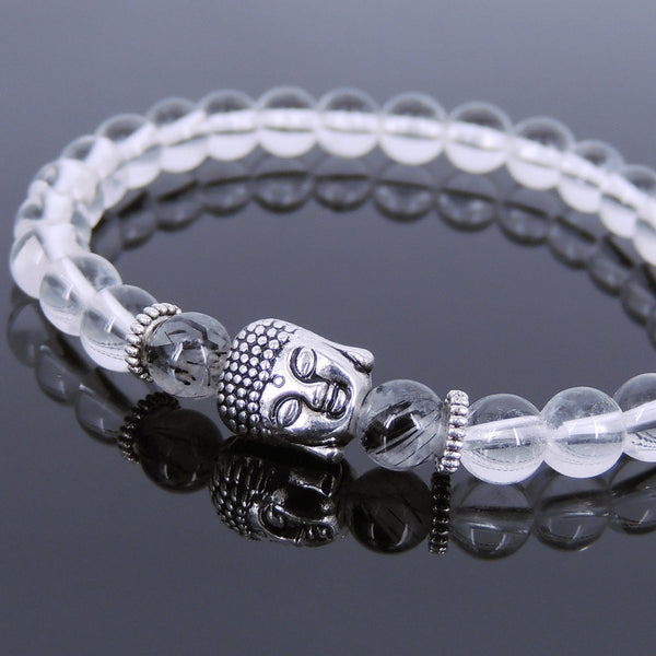 White Crystal Black Rutilated Quartz Tibetan Silver Bracelet Buddha Yoga Mala for Men Women DiyNotion Handmade T133