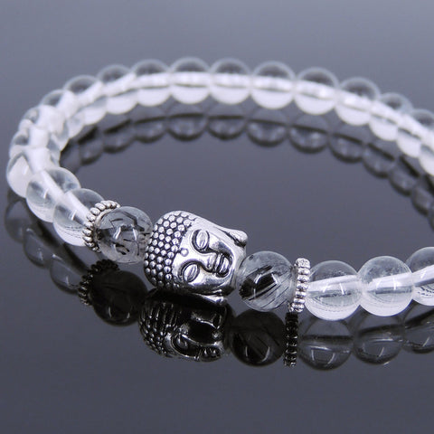 White Crystal Black Rutilated Quartz Tibetan Silver Bracelet Buddha Yoga Mala for Men Women DiyNotion Handmade T133