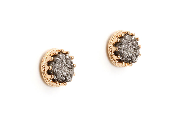 Smoky Charcoal Gray Druzy Stud Earrings, Minimalist Jewelry Gold, Boho Chic Earrings, Druzy Stone Earrings, Gold Stud Earring, Rose Gold