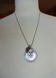 Vintage Carved Mother of Pearl Button Charm Necklace, Vintage Leaf Charm Silver Charm, Clear Glass Button, 22" Sterling Silver Chain, MCN139