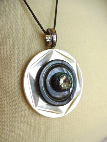 Vintage Carved Mother of Pearl Button Pendant Necklace, Rhinestone, Verdigris, Layered Button Necklace, 21" Vintage Silver Chain, MPN152