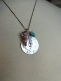 Vintage Carved Mother of Pearl Button Charm Necklace, Natural Seashell, Turquoise Nugget Bead, 18" Vintage Silver Chain, MPN153