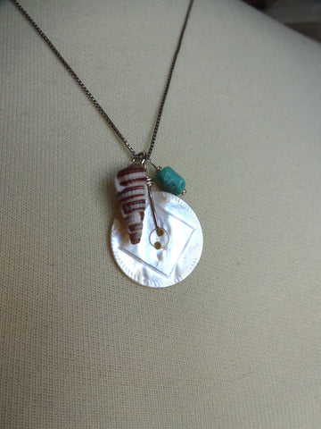Vintage Carved Mother of Pearl Button Charm Necklace, Natural Seashell, Turquoise Nugget Bead, 18" Vintage Silver Chain, MPN153