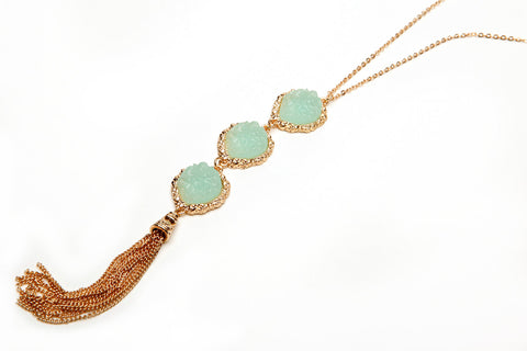 Gold Chain Druzy Tassel Necklace, Gold Mint Green Druzy Tassel Chain Necklace, Y necklace, Pink Druzy Necklace