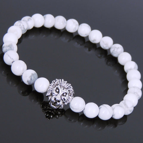 White Howlite Tibetan Silver Lion Head Bead Bracelet Yoga for Men Women DiyNotion Handmade T141