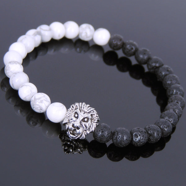White Howlite Lava Rock Tibetan Silver Lion Head Bead Bracelet Yoga for Men Women DiyNotion Handmade T142