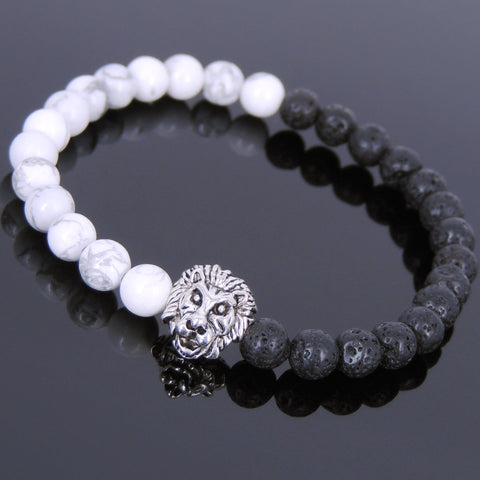 White Howlite Lava Rock Tibetan Silver Lion Head Bead Bracelet Yoga for Men Women DiyNotion Handmade T142