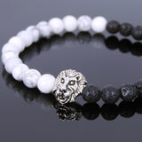 White Howlite Lava Rock Tibetan Silver Lion Head Bead Bracelet Yoga for Men Women DiyNotion Handmade T142