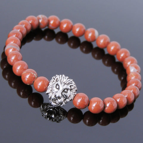 Red Jasper Stone Tibetan Silver Lion Head Bead Bracelet Yoga for Men Women DiyNotion Handmade T144