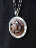 Vintage MOP Button Pendant Necklace, Mother of Pearl, Layered Button Necklace, 35" Silver Chain, Rhinestone Pink Button, MPN157