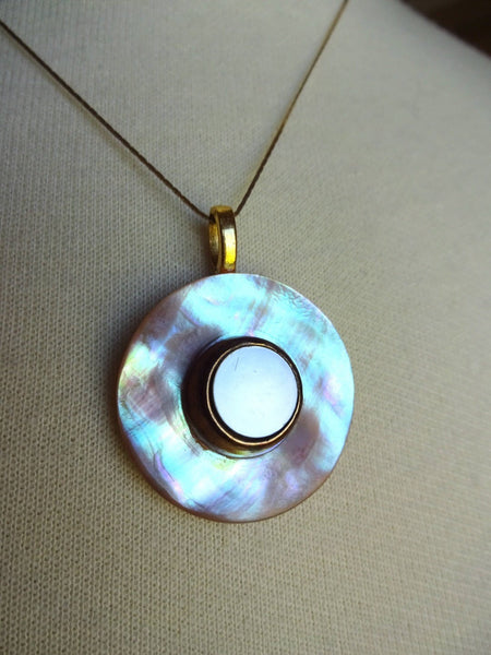 Vintage Golden Mother of Pearl & Brass Button Pendant, 14k Gold Chain, Iridescent MOP Antique Button, MPN215