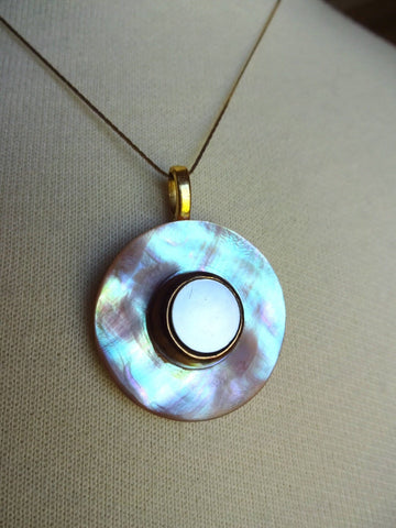 Vintage Golden Mother of Pearl & Brass Button Pendant, 14k Gold Chain, Iridescent MOP Antique Button, MPN215