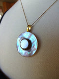 Vintage Golden Mother of Pearl & Brass Button Pendant, 14k Gold Chain, Iridescent MOP Antique Button, MPN215
