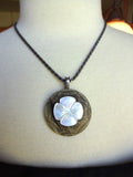 Vintage Carved Mother of Pearl White Button Pendant, Art Deco Pendant, MOP Flower, Pressed Celluloid Button, Sterling Silver Chain, MPN216