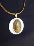 Vintage Mother of Pearl Button Pendant, Oval Gold Metal Button Center, Gold Plated Chain, MPN208
