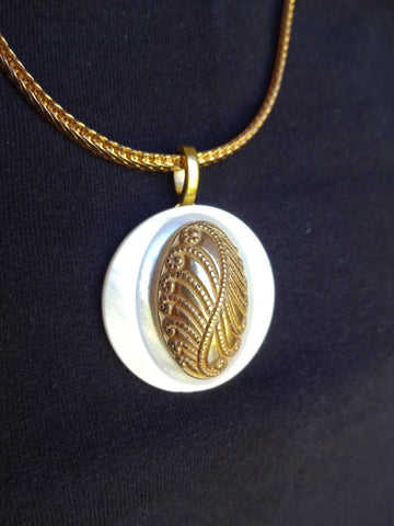 Vintage Mother of Pearl Button Pendant, Oval Gold Metal Button Center, Gold Plated Chain, MPN208