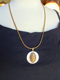 Vintage Mother of Pearl Button Pendant, Oval Gold Metal Button Center, Gold Plated Chain, MPN208