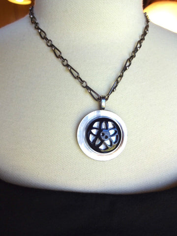 Vintage Button Pendant Necklace, Mother of Pearl Button, Pierced Vintage Black Flower Button, Handmade Sterling Silver Chain, MPN172