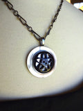 Vintage Button Pendant Necklace, Mother of Pearl Button, Pierced Vintage Black Flower Button, Handmade Sterling Silver Chain, MPN172