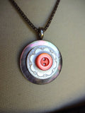 Vintage Carved Mother of Pearl Button Pendant Handmade Necklace with Sterling Silver Chain, MPN168